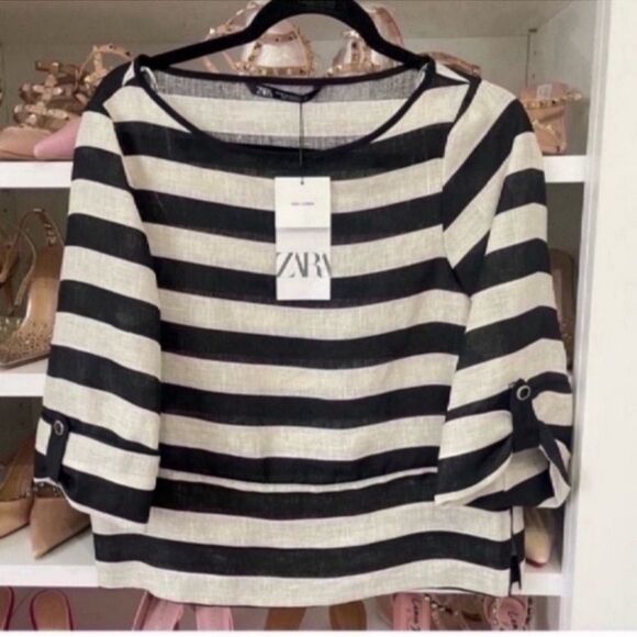 NWT Elegant ZARA STRIPED LINEN TOP Size XS - Picture 3 of 13